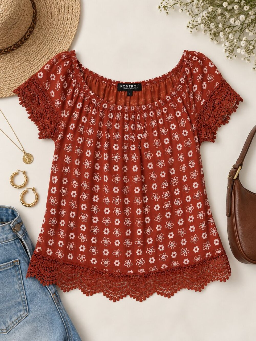 Kontrol Contemporary L Rust Floral Crochet Lace Peasant Top Boho Cottagecore